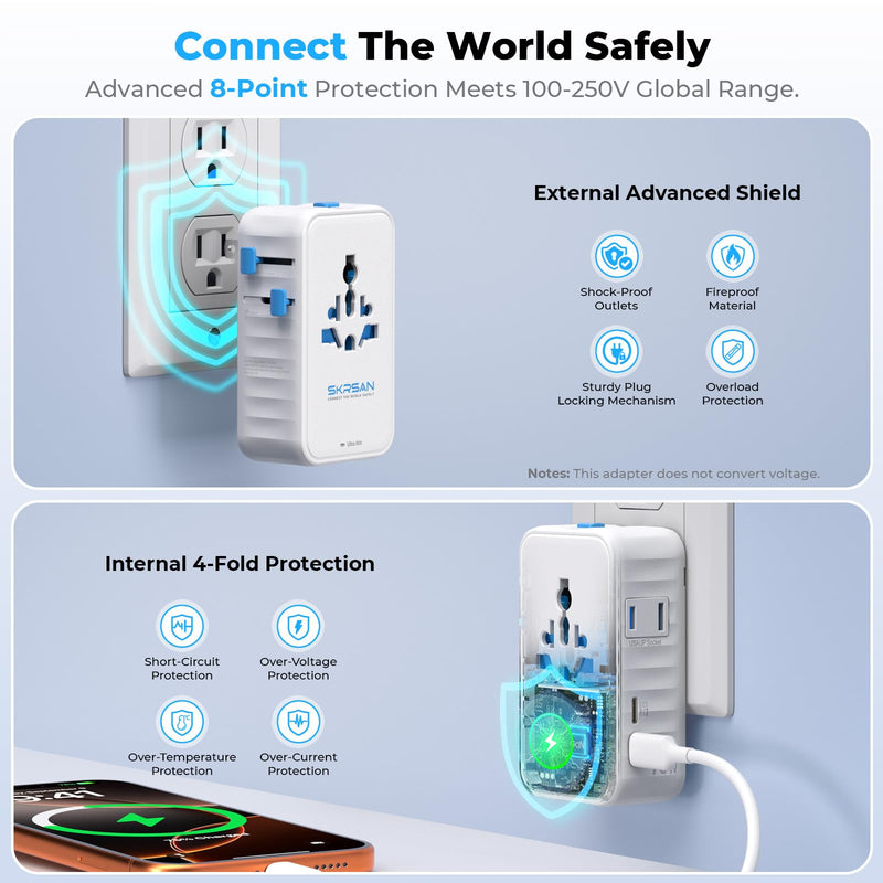 Aura 70W International Travel Adapter, 36mm Ultra-Slim 6-in-1 Universal Wall Charger, PD & QC 3.0 Fast Charging Essentials for Laptop, Phone, UK Europe USA Australia (Arctic White) Arctic White