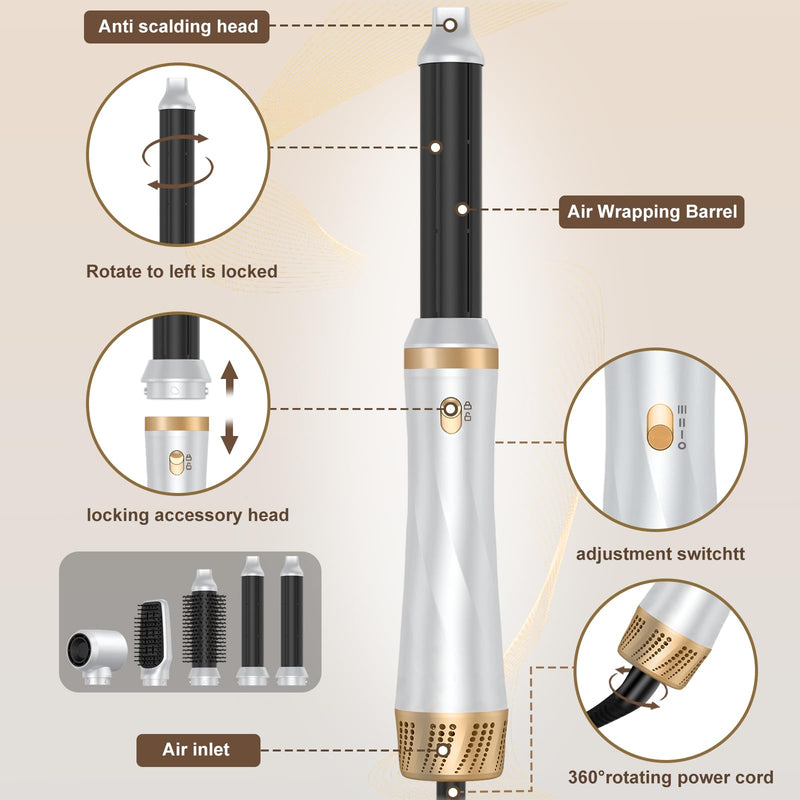  [AUSTRALIA] - Magic Air Styler 5 in 1 Hair Styler, Hot Air Styler Set with Curl, Straighten, Volumise, Smooth and Hairdryer Brushes for Styling, Blow Dryer Brush, Hair Styler for All Hair Type/Length