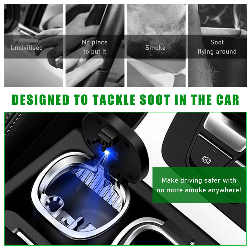 Car Ashtray, Detachable Stainless Steel Smokeless Ash Tray with LED Blue Light, Auto Ashtray with Lid Smell Proof Weed for Most Vehicles, Universal Interior Car Accessories
