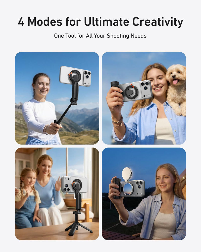 TELESIN Magnetic Mini Selfie Stick Tripod with Phone Camera Grip | 5 in 1 Cell Phone Stand with Detachable Button for iPhone 17 16 15 14 & Android, Pocket Size Phone Tripods with Carabiner