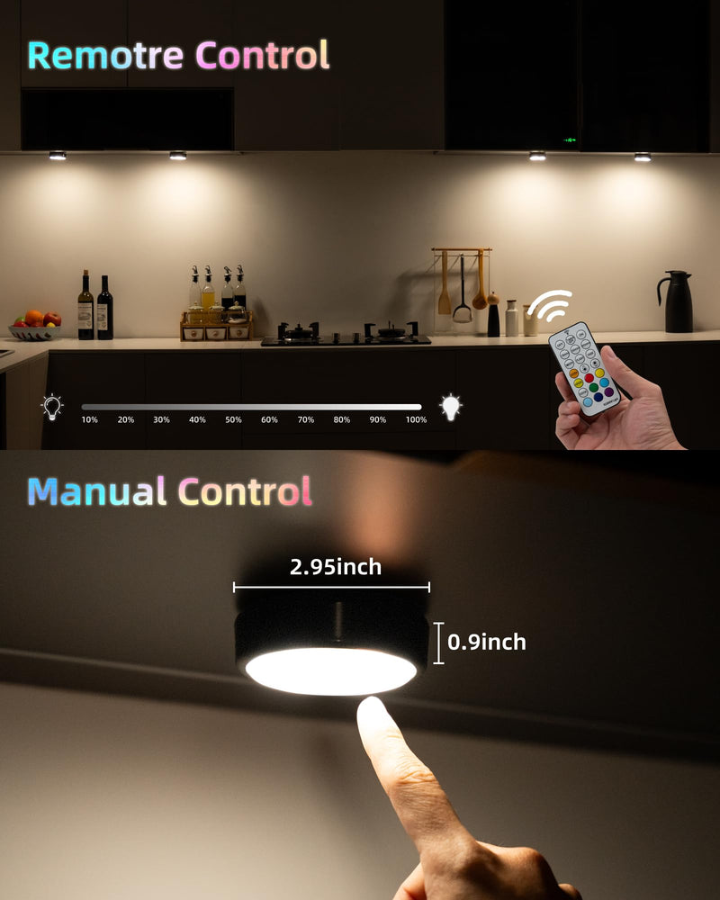HOLKPOILOT Puck Lights with Remote,Under Cabinet Lights,2000mAh Battery Operated Closet Lights,Magnetic Under Cabinet Lighting Wireless, 3 Color Temps &7 RGB Colors，Black Rechargeable Puck Lights. Rechargeable-6pack-black