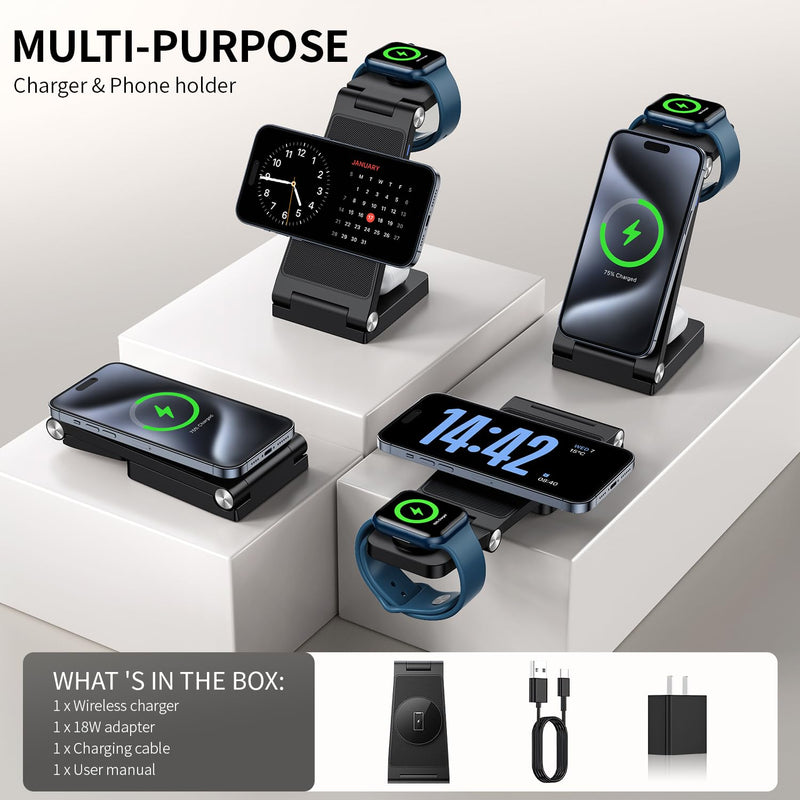 Wireless Charger iphone,3 in 1 Foldable Magnetic Wireless charging station,Travel Charger for Multiple Devices for iPhone 15/14/13/12 /Pro/Pro Max, Apple Watch Ultra/SE/9/8/7/6/5/4/3/2,Air Pods