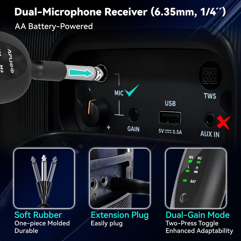Wireless Microphone Set for Singing, Speeches & Events, 2.4GHz Dual-Mic Receiver, 200ft, Storage Bag Included, Metal Cordless Mic 2 Pack for Karaoke Machines, PA Systems, PartyBox, Gray-Blue