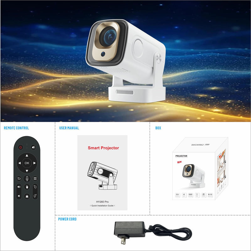 Mini Projector with WiFi and Bluetooth, 4K Full HD 1080P 200ANSI, 180° Rotatable Portable Projector, Auto Focus Movie Projector, Compatible with Smartphone, TV Stick, Laptop, HDMI, USB