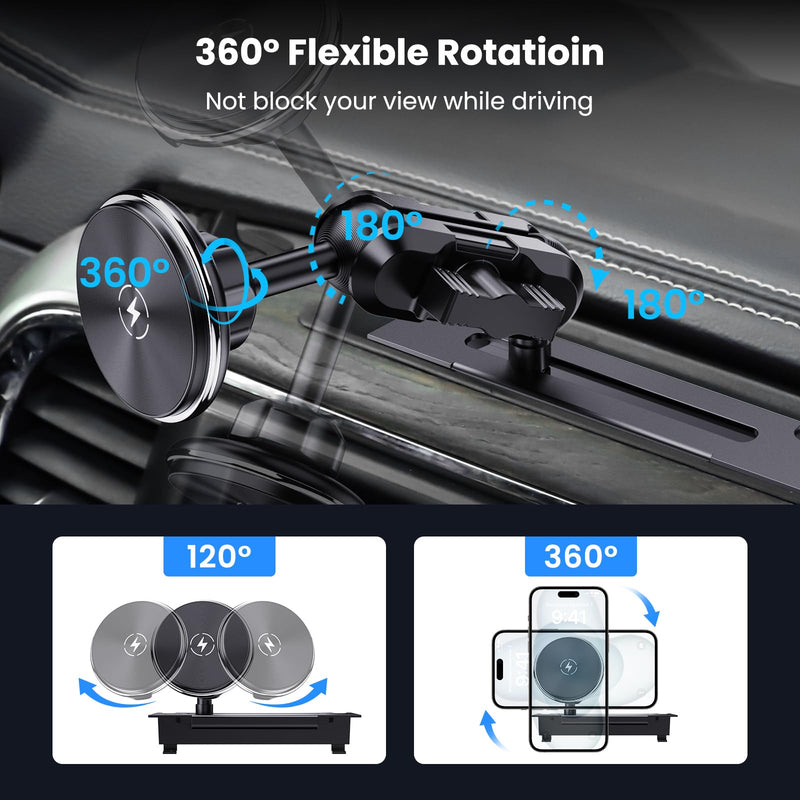 Magnetic Phone Mount Wireless Charging for RAM 1500 2500 3500 2013-2018 | Fits 2019+ RAM 1500 Classic | 20-Magnet Strong Hold | 15W Fast Charge | 360° Rotation | No Drilling | Metal | Easy Install Wireless Charge