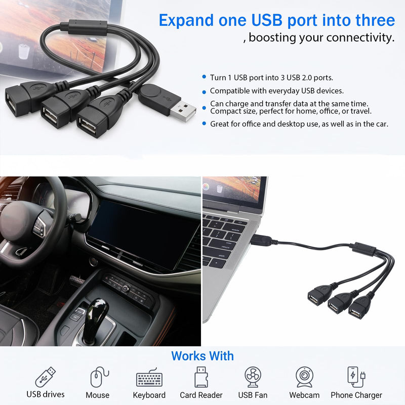 USB Splitter 1 in 3 Out, USB a Splitter Adapter 1ft Male to 3 Female Hub