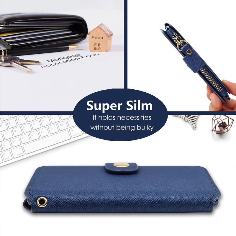 Phone Wallet Stick On,M-Plateau PU Leather Card Holder with Zipper Coin Pocket Compatible with iPhone and iPhone Case for Women with 3M Adhesive and Phone Lanyard Navy Blue