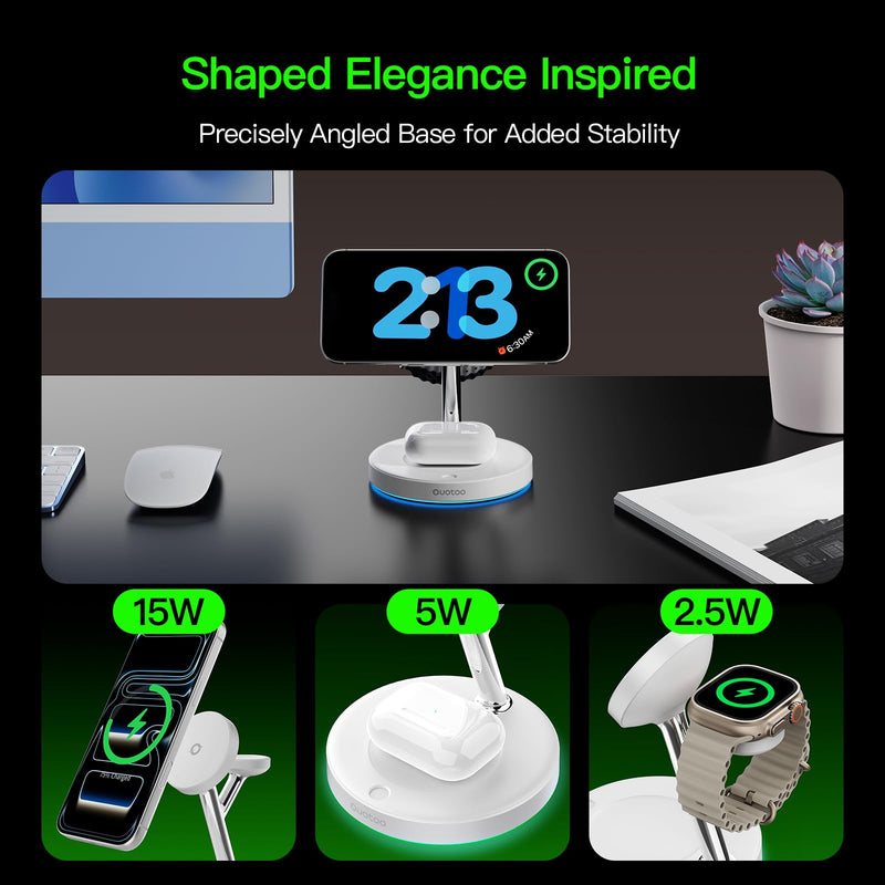 3 in 1 MagSafe Wireless Charger Stand for iPhone Apple Watch AirPods | Adjustable Blue Ambient Light,15W Magnetic Charging Station for iPhone 17 16 15 14 13 12 Series Wireless Charging Station White