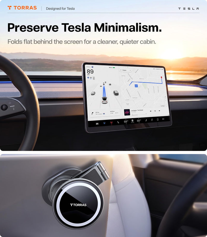TORRAS Stow Tesla Phone Mount [Hidden & Strong Magnet] 360°Rotation Foldable Tesla Phone Holder Fit for All Phones, Tesla MagSafe Car Mount, Tesla Accessories for Model Y Model 3/S/X/Cybertruck