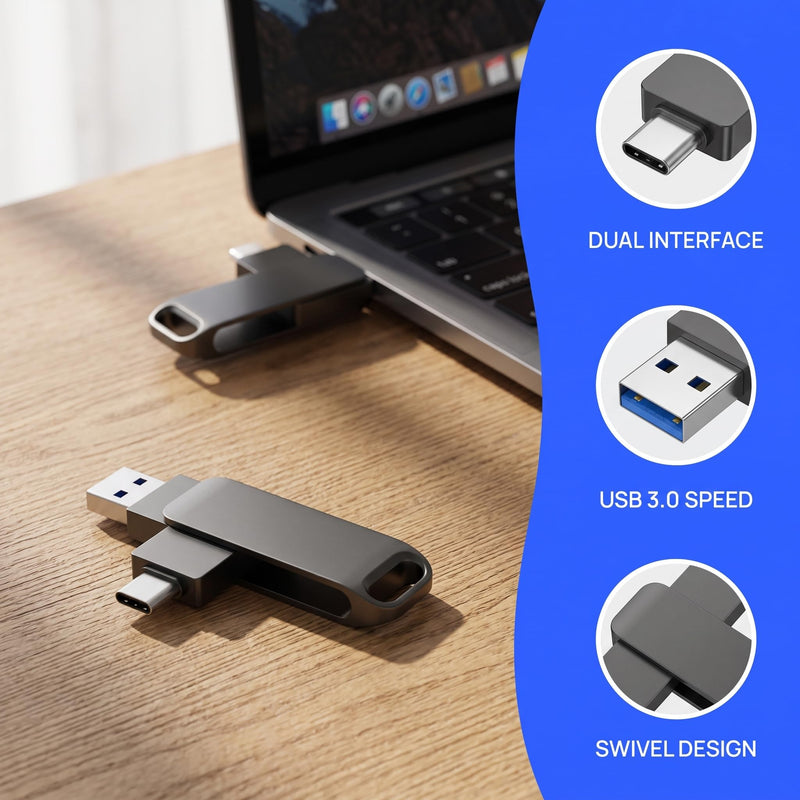 64GB Dual Interface USB 3.0 & Type-C Flash Drive 360°Rotating Zinc Alloy Metal OTG Memory Stick for Phone & PC-Gray Gray 64G
