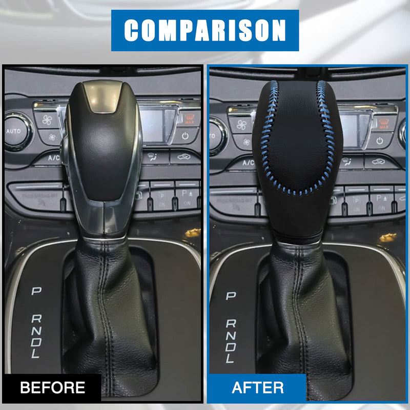 Leather Gear Shift Knob Cover Compatible with Ford Focus丨 Escape丨 Fusion丨 C-Max Energi Wagon丨 Transit 丨 Fiesta 2012-2019 Black Leather with Blue Stitches Shifter Knob Cover- Black
