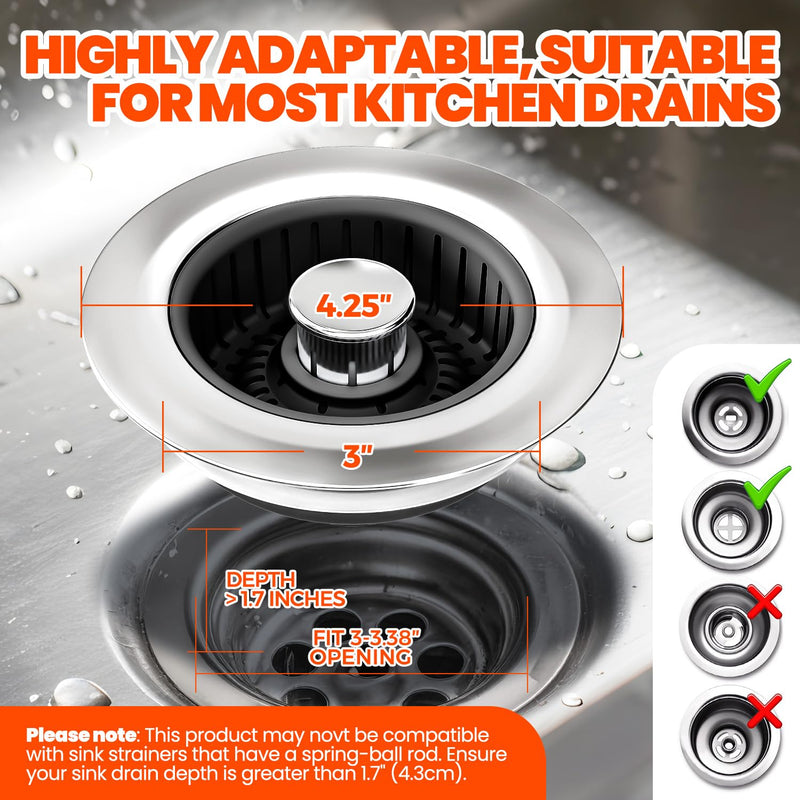 Sink Drain Strainer - Sink Stopper, 3-in-1 Kitchen Stainless Steel Drain Plug with Anti-Clog Basket, Pop-Up Cover Fits Standard 3-1/2” Openings for Double Bowl Kitchen Sinks,Black