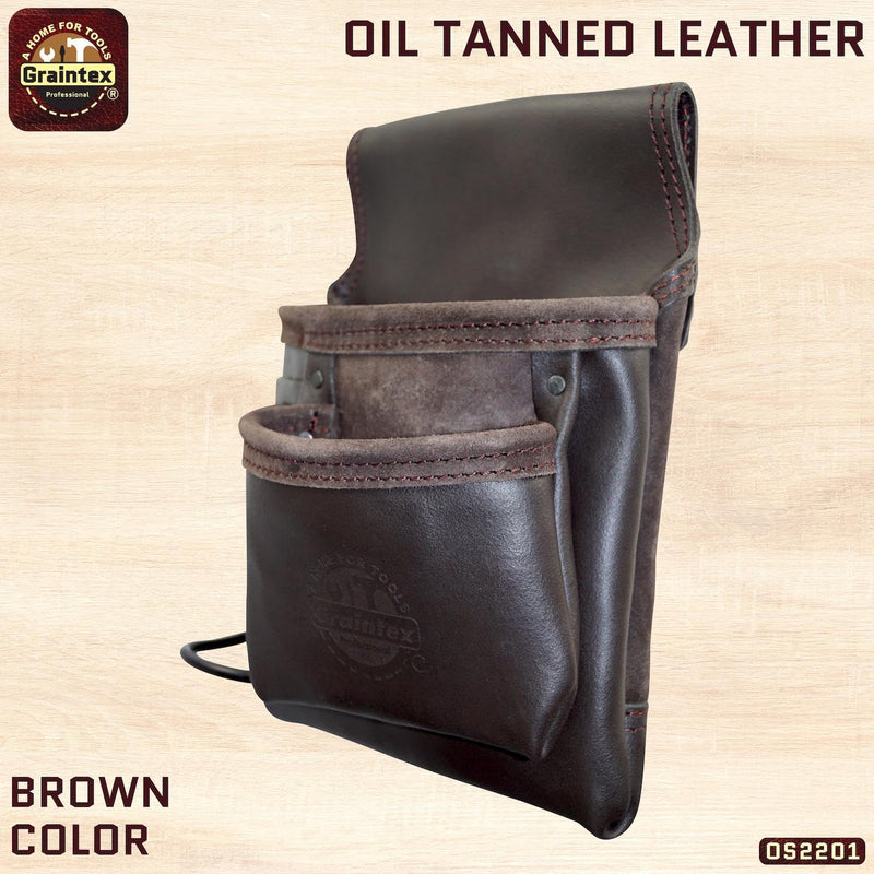 Graintex OS2201 5 Pocket Right Handed Oil Tanned Leather Nail & Tool Pouch Dark Brown Color for Constructor/Electrician/Plumber