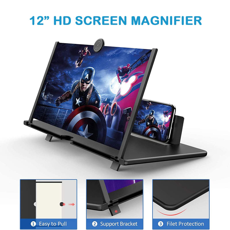 12" Cell Phone Screen Magnifier,3D HD Mobile Phone Magnifier Projector Screen for Movies, Videos, and Gaming–Universal Foldable Phone Stand with Screen Amplifier–Supports All Smartphones (Black, 12") Black 12"