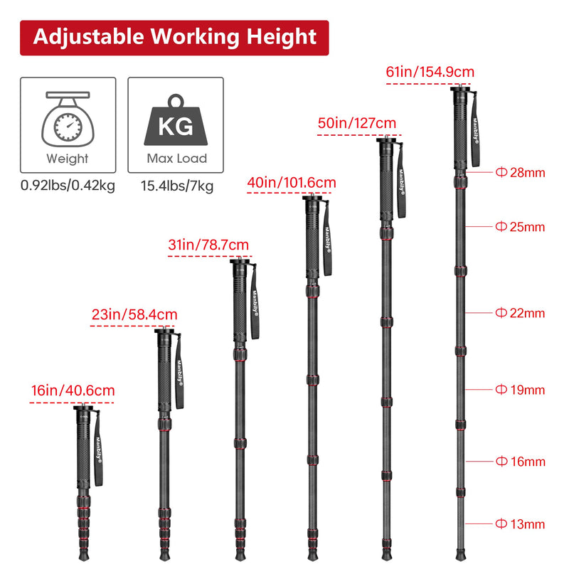 Carbon Fiber Camera Monopod, Portable Compact Lightweight Travel Monopod with Walking Stick Handle for DSLR Canon Nikon Sony Video Camcorder, 28mm Thick Leg, Max Load 22 lbs/10kg