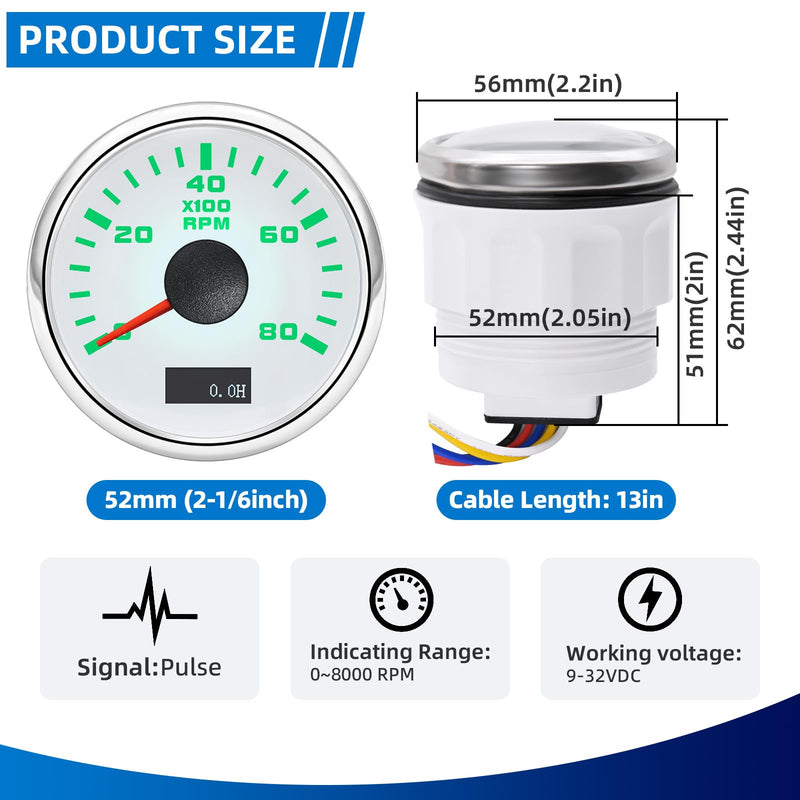 MH Tachometer 2-1/6" 52mm 8000 Tach Boat RPM Gauge 7 Color Waterproof for AUTO Car Truck Marine（White）
