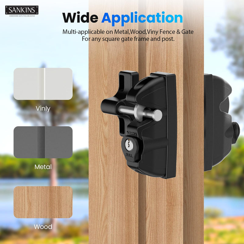 Key Lockable Double Sided Gate Latch for Wooden Fence, Gravity 2 Way Gate Latch Vinyl Fence Gate Lock, Two-Sided Keyed Lock Outdoor Gate Latch for Metal Gates, Vinyl Fence, Wood, Black