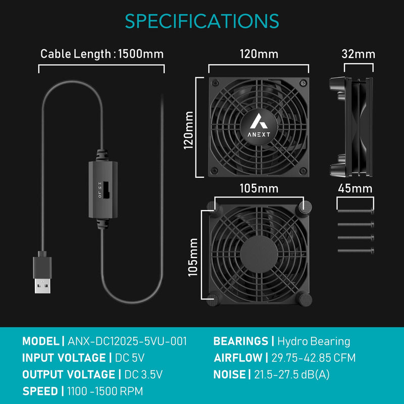 ANEXT USB Router Fan, Include 1000mm Extension Cable with 3-Speed Adjustable Controller, Cooling Case Fan for Receiver DVR Xbox TV Box Router 120mm x 25mm 5V USB Power