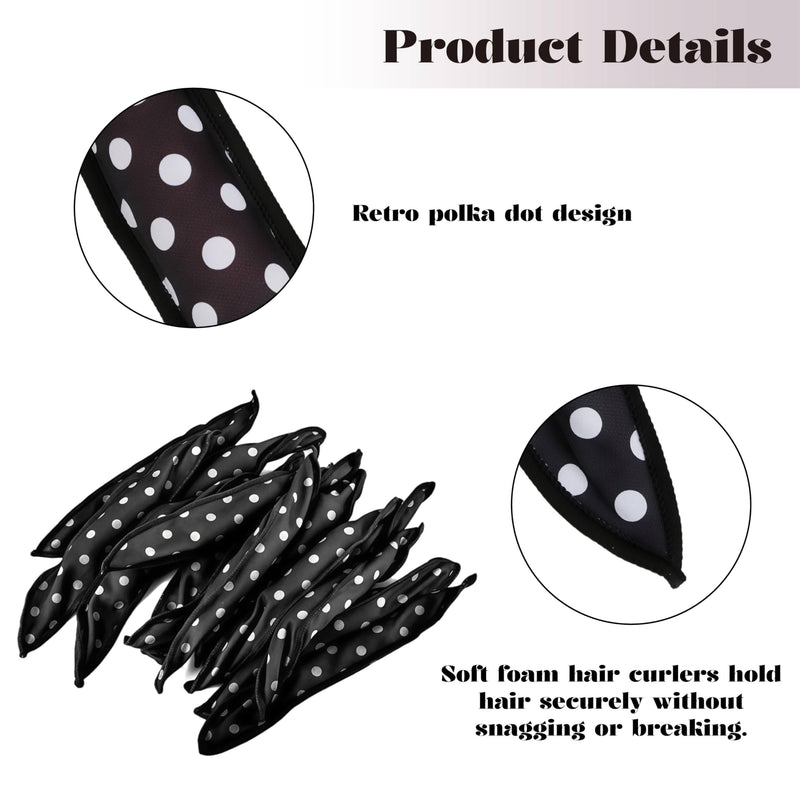 12PCS No Heat Hair Curlers, Curlers Heatless (Black Polka Dots) | Soft Satin Sponge Rollers for Long Short Hair, Heatless Curlers Overnight, Wave Formers for Natural-Looking Pillow Soft Curls