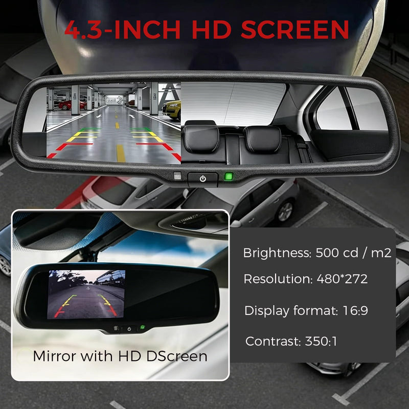 4.3 inch Car Mirror Monitor for Trucks and Vans, Auto-Dimming | 480 x 272 Resolution, 500 CD/m2 HD System, Multiple Video Inputs, With 360°Bracket, Only Supports CVBS, Auto Rear View Mirro