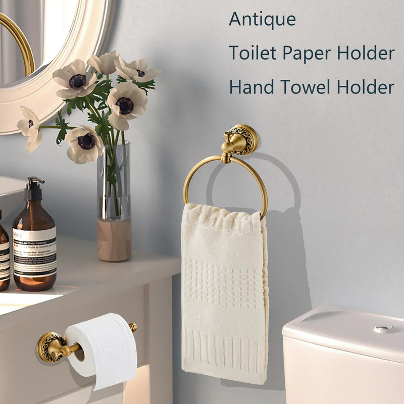 Antique Brass Toilet Paper Holder Towel Ring, Bathroom Hand Towel Holder Wall Mount Tissue Roll Holder,Semi-Circular Shape Hand Towel Holder Vintage Set 2 Pieces ﻿ Antique