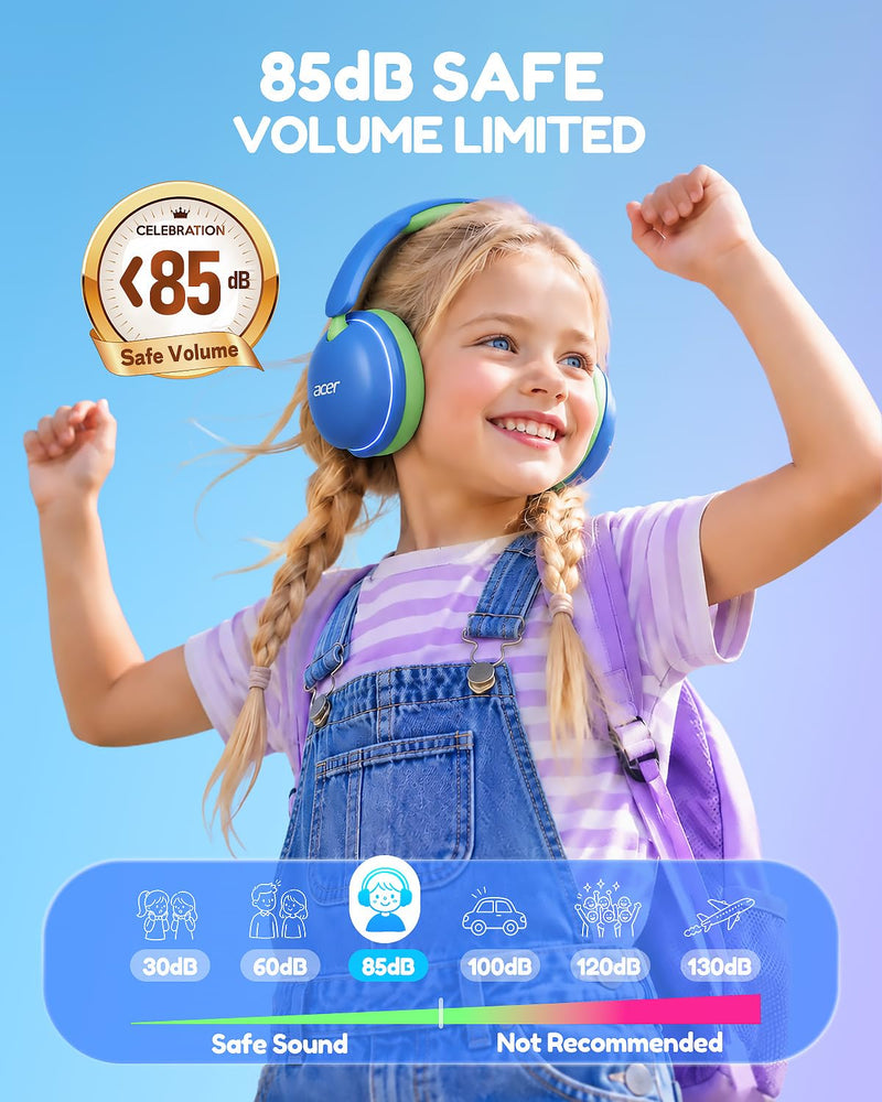 Acer OHR727 Kids Bluetooth Headphones Travel, Over‑Ear Comfort Design | 85dB Safe Volume, 110H Playtime with LED Lights, Bluetooth 6.0, Built-in Mic, for iPad Tablet Travel School Blue Green