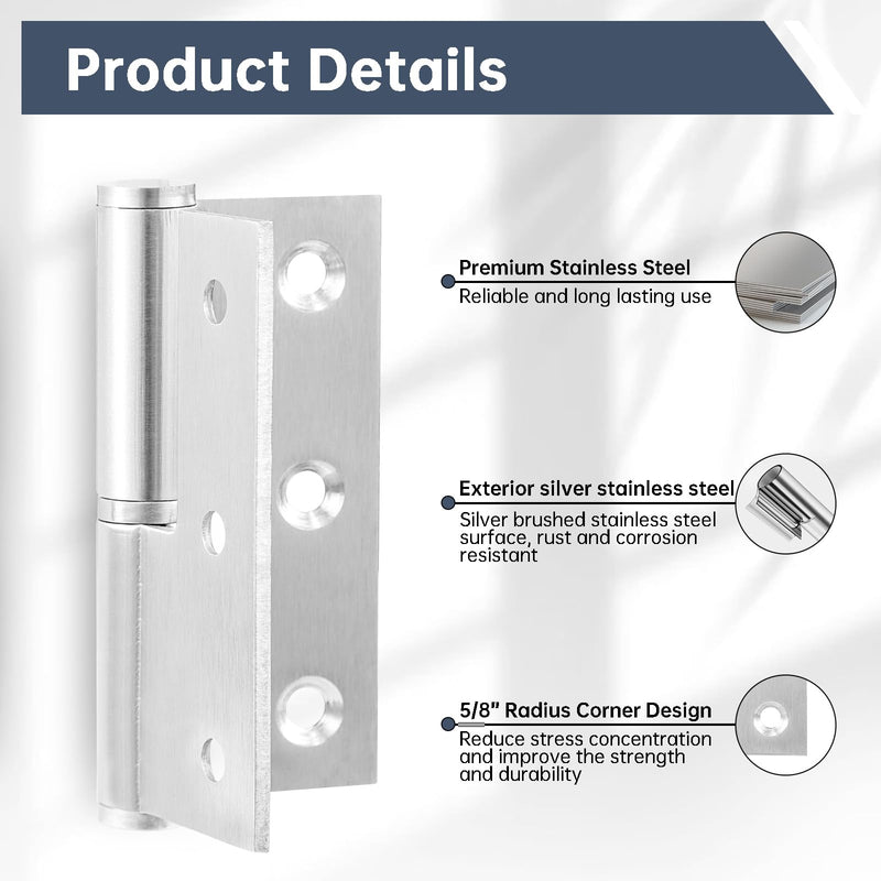 Lift Off Hinge 3" Removable H Hinge Brushed Stainless Steel Flag Hinges for Bedroom Kitchen Bathroom Door Wooden Boxes Cases Versatile Usage Anti Rust, 3 Left + 3 Right, Load 40LB/Set 3in Left+Right