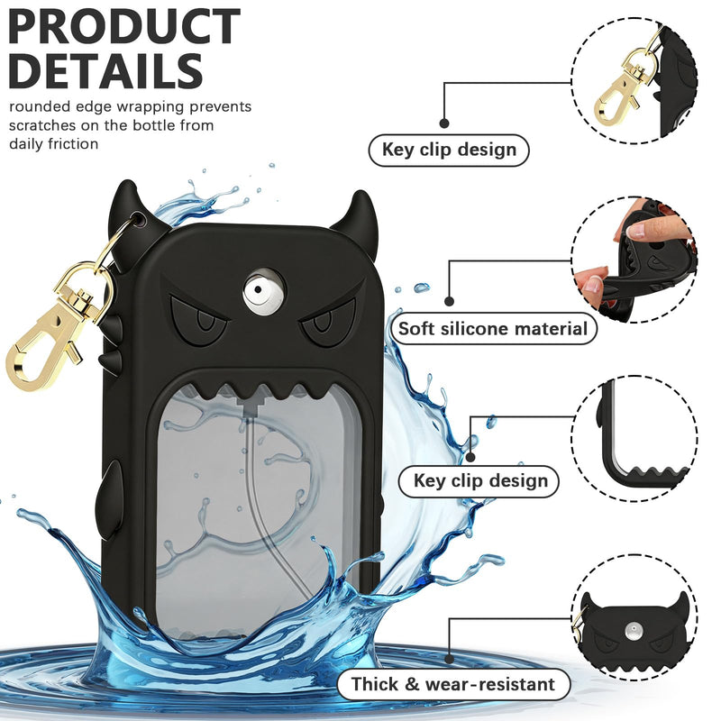 Cute Monster Silicone Case Compatible with Touchland Hand Sanitizer Spray 1 Fl Oz, Black Soft Protective Cover with 360° Rotating Metal Keychain Clip for Backpack Purse Travel