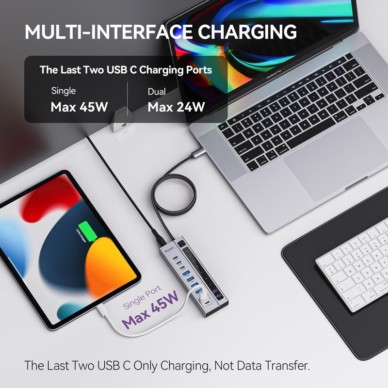 Minisopuru Powered USB C Hub – Support Max 45W Charging with 72W Power Adapter, 10Gbps Data Transfer, USB C to USB C Hub Charging for Meta Quest Pro, Steam, iPad Pro, iPhone, Watch (Not for Monitor)