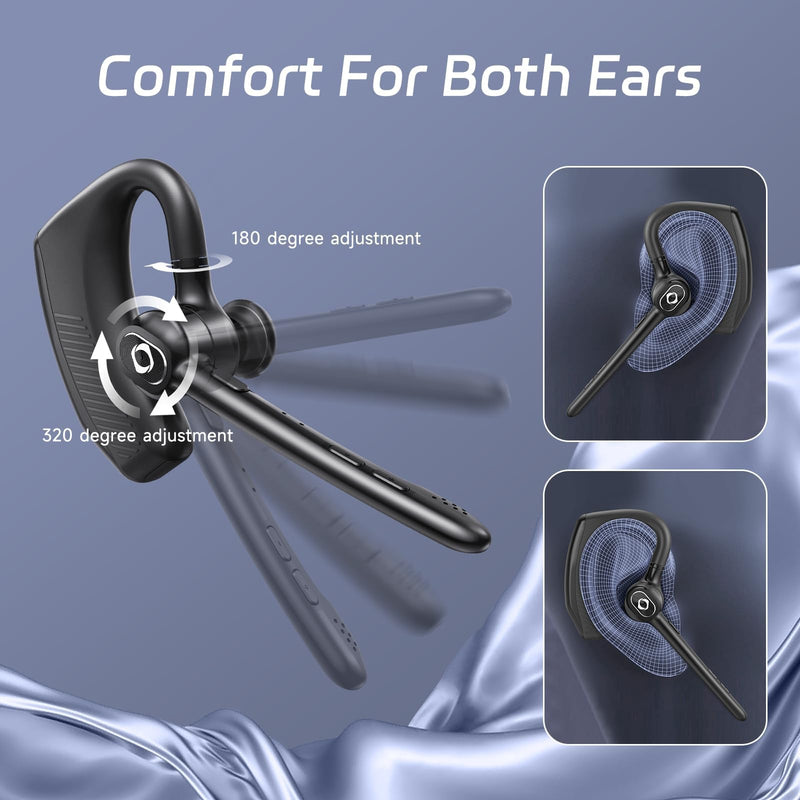Wireless Headset Bluetooth Earpiece with Dual Noise Canceling Single Earbud | Hands Free Headphones Ear Earphone Over Ear Earbud for iPhone Samsung Android Cellphones TV PC Trucker Game Work Driving Black