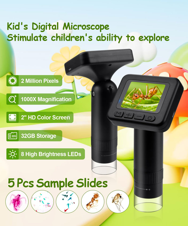 Handheld Microscope for Kids - 1000X Portable Microscope for Kids, Photo and Video Microscopes 2in Screen, Science Kit Gift for Kid Adults Boys Girls, Digital Coin Magnifier, 32GB, 5Pcs Sample Slides