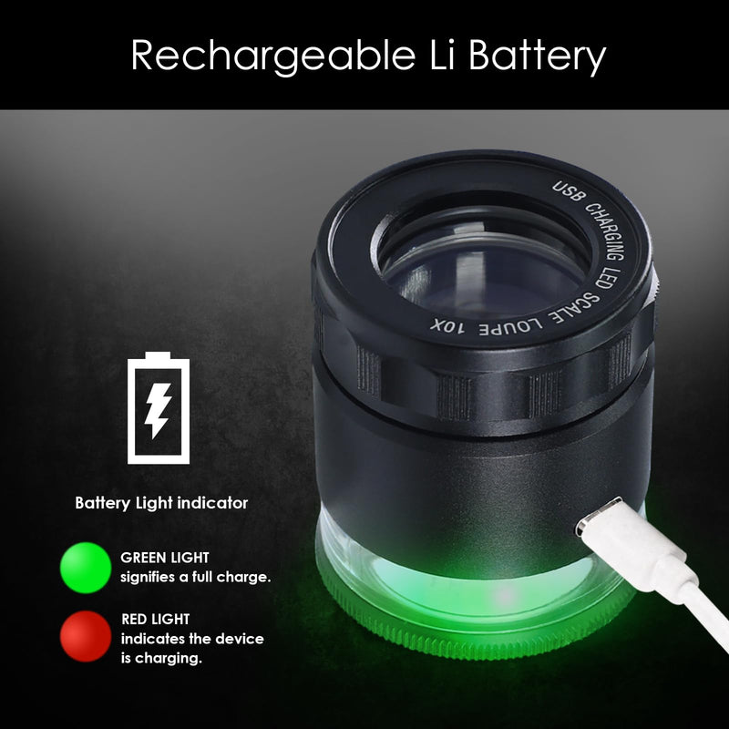 10X Rechargeable Jewelers Loupe Magnifier with LED Lights and 3 Reticle Scales, 25 mm Field of View, Adjustable Focus LED Scale Loupe Jewelry Magnifying Glass for Gems, Coins, Watch, Stamps, Plants
