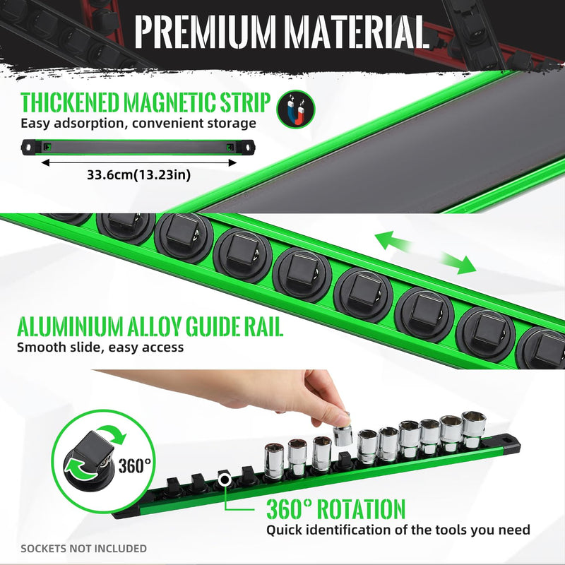 Magnetic Socket Organizer, 1-Piece Heavty Duty Aluminum Socket Holder, Socket Rail for Tool Box, Premium Quality 360° Swivel Socket Rack with 14 Clips for 3/8-Inch(Green) 3/8-Inch Drive Green