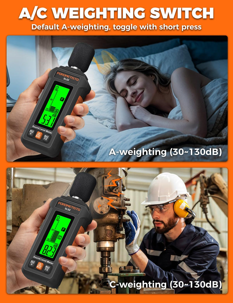 Sound Level Meter, POROMETISTO 30-130dB Noise Decibel Meter with A/C Weighted, ±1.5dB Accuracy, Data Hold, SPL Tester for Home, Factory, Office & Noisy Neighbors