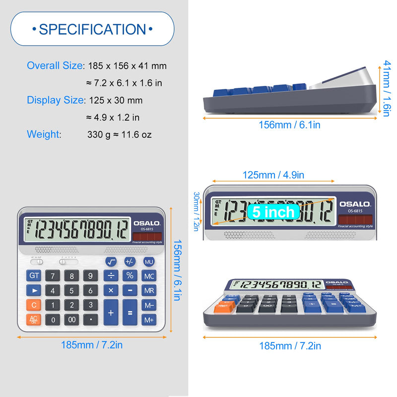 Desktop Calculator and Mesh Zipper Waterproof Pouch Bundle, 12-Digit Battery Solar Powered LCD Display Big Button Calculator, 11x13.7in Large Double Pocket Waterproof File Bag with Handle
