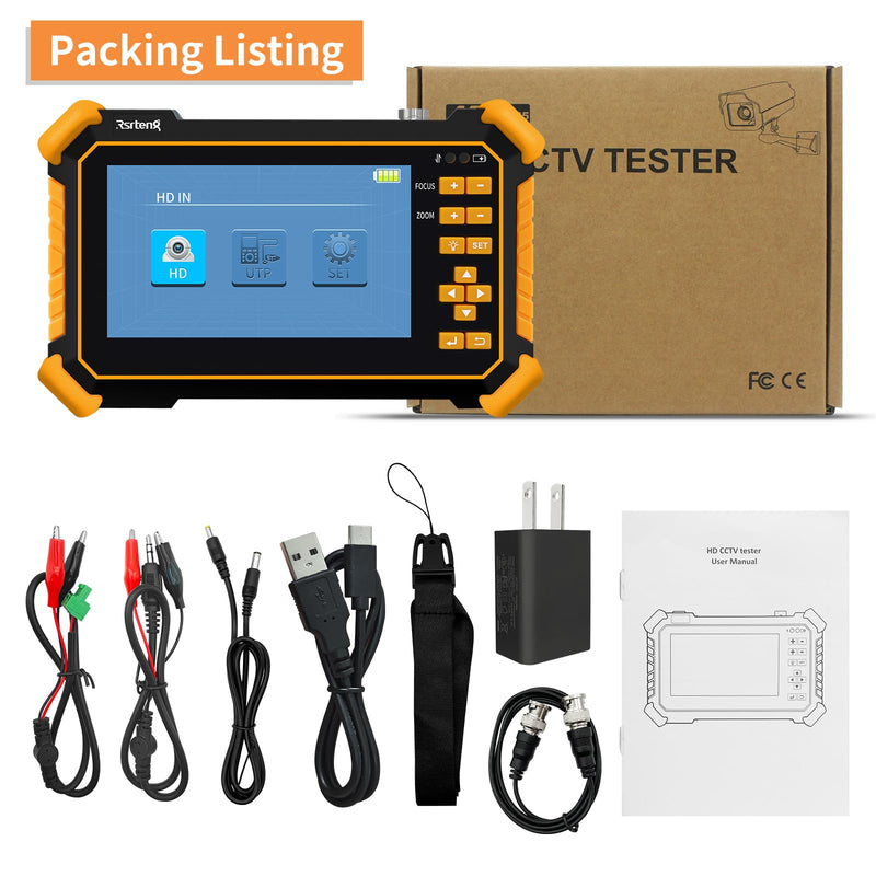 Rsrteng CCTV Tester Monitor Auto HD Coaxial Camera Tester 4K 8MP TVI/CVI/AHD/CVBS Analog Video Monitor 4.3 inch TFT-LCD Screen PTZ Control RS485 Call OSD Menu Audio DC12V Power Output Yellow