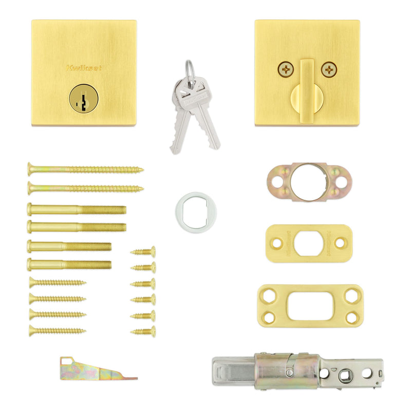 Kwikset Downtown Deadbolt Lock, Satin Brass Square Exterior Keyed Front Entry Door, Pick Resistant SmartKey Rekey Security, Single Cylinder Dead Bolt, with Microban Protection