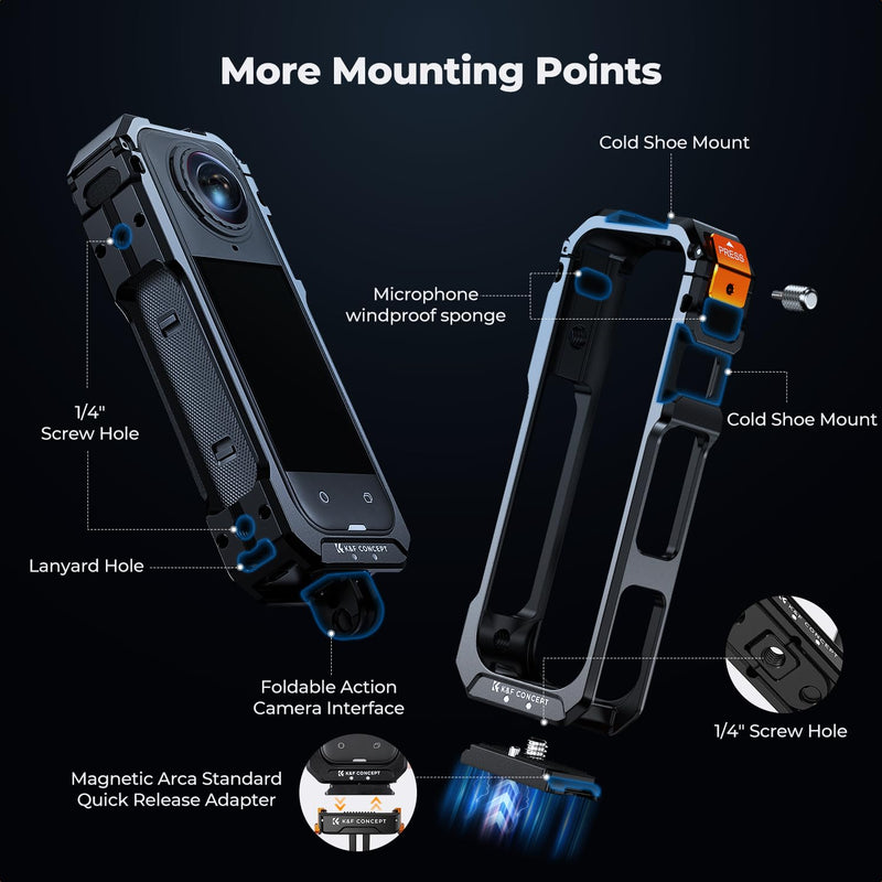K&F CONCEPT Camera Cage with Silicone Lens Cover for Insta360 X5 | Aluminum Alloy Protective Case Frame with 2 Cold Shoe Mounts for Microphone and Led Video Light Built-in 1/4" Screw Hole CI01 Cage+Quick Mount