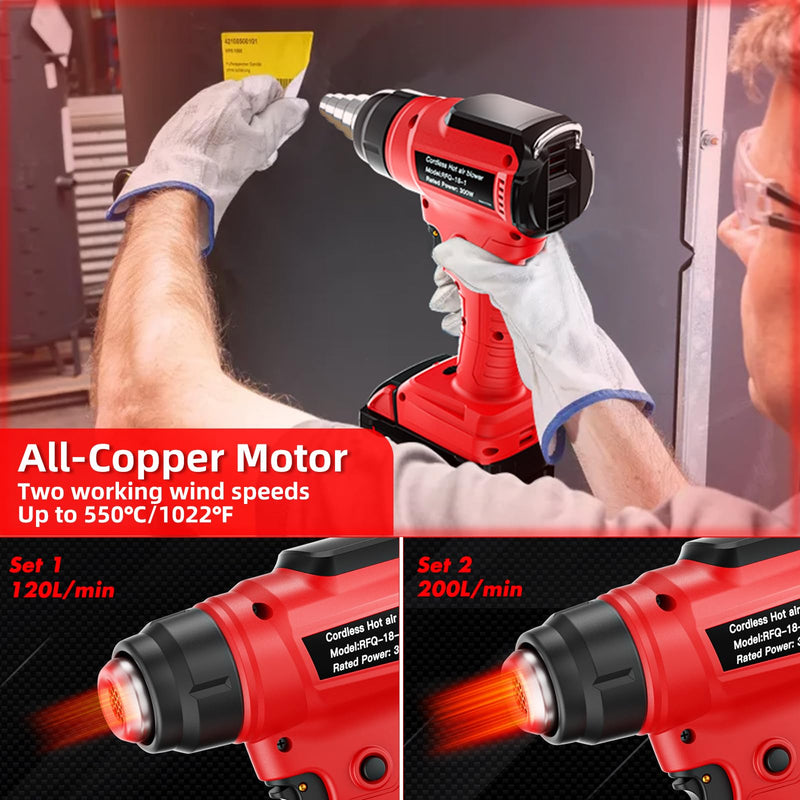 Cordless Heat Gun for Milwaukee 18V Battery, 350W 1022°F (550°C) Soldering Heat, Variable Temperature Control Hot Air Gun Kit with 4 Nozzles and Scraper, for Shrink Tubing, PVC Wrap(NO Battery) Red