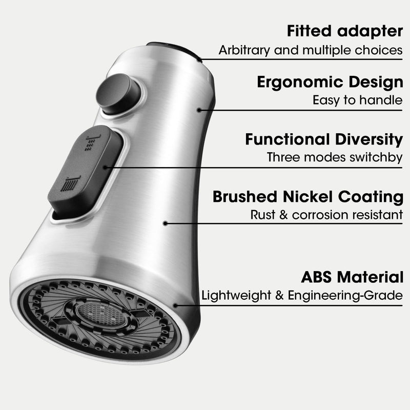 Kitchen Faucet Head Replacement, Pull Down Faucets Spray Head for Kitchen Sink, 3-Function Spray Nozzle, 15 Adapters Kit Compatible with American Standard, Brushed Nickel
