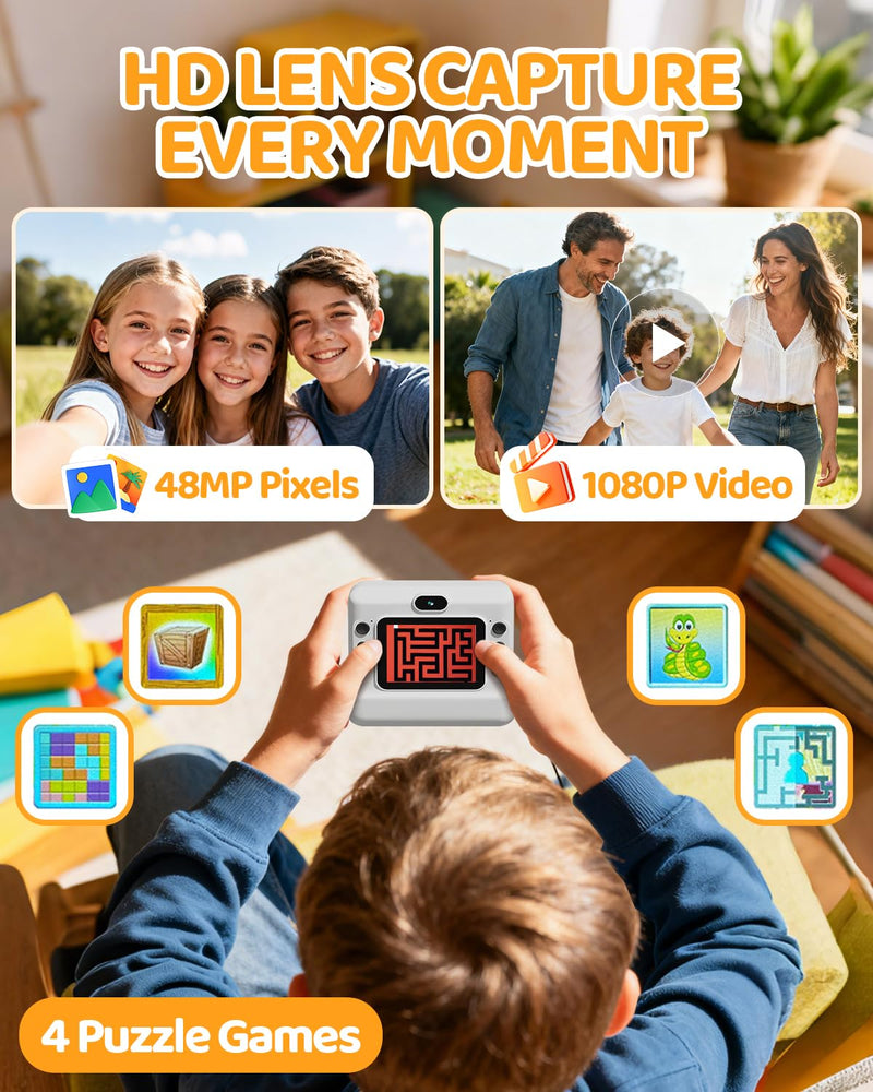 CalineGam Kids Instant Print Camera, 1080P HD Dual Lens with 32GB Card | 2.4" Screen Kids Camera with 3 Paper Rolls, 16X Zoom, Christmas Birthday Gifts for Girls and Boys Age 3-12 White