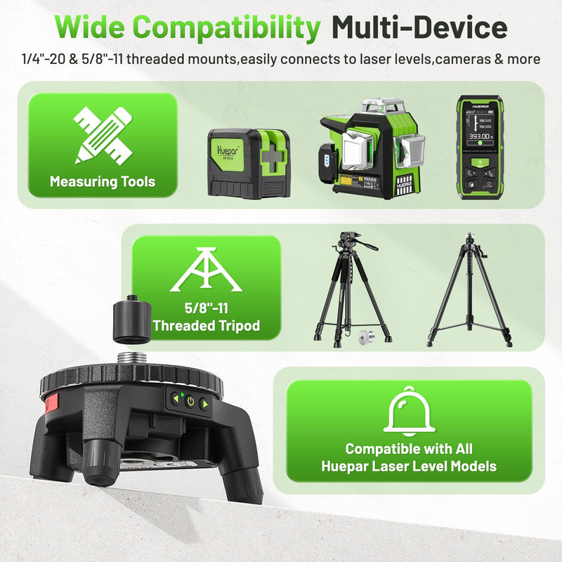 Huepar Electric Rotating Base for Laser Level – Remote Control, Dual-Speed 0.088°/s Fine Adjustment, Adjustable Tripod Legs, 5/8"-11 Thread with 1/4"-20 Adapter, 360° Motorized Turntable