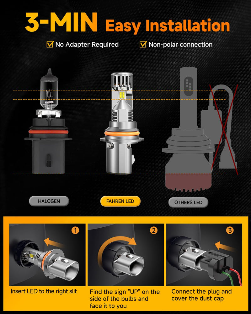 FAHREN 9007 Bulb,50000LM HB5 light bulb, 50000LM HB5 light bulb, 6500k White IP68 Waterproof with Cooling Fan, 1:1 Mini Size Quick Install Plug and Play, Pack of 2 9007/HB5