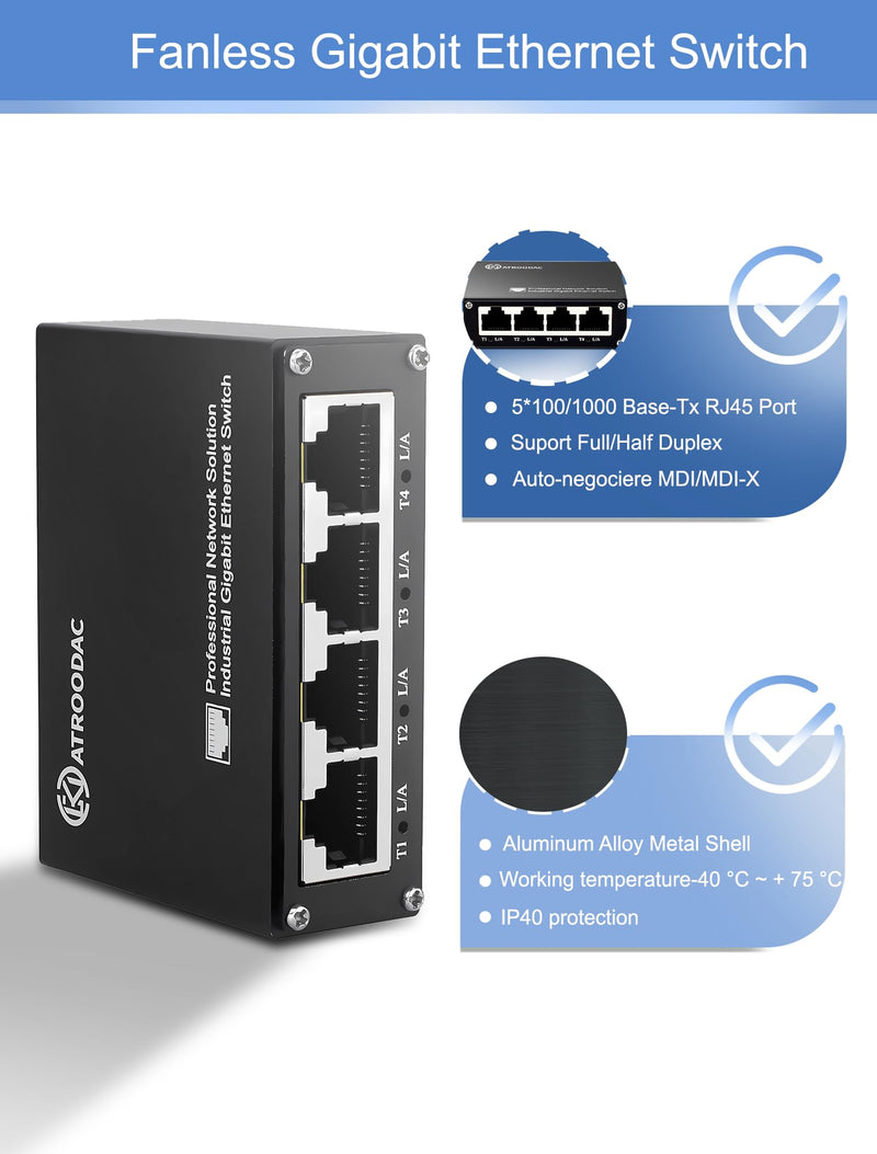 Mini Ethernet Switch 5 Ports Gigabit Switch 10/100/1000 Mbps Unmanaged Network Switch Plug & Play Office Ethernet Splitter Fanless Quiet Metal Design Network Hub Desktop Design 5-Ports(non poe),Household