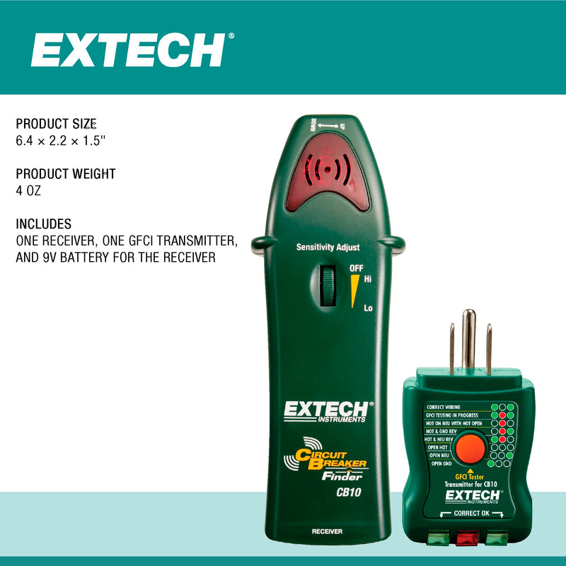 Extech CB10 AC Circuit Breaker Finder and Receptacle Tester - Professional Grade GFCI Outlet Tester for Home & Industrial Use - Pinpoint Breakers and Fuses - Includes 9V Battery and LED Indicators