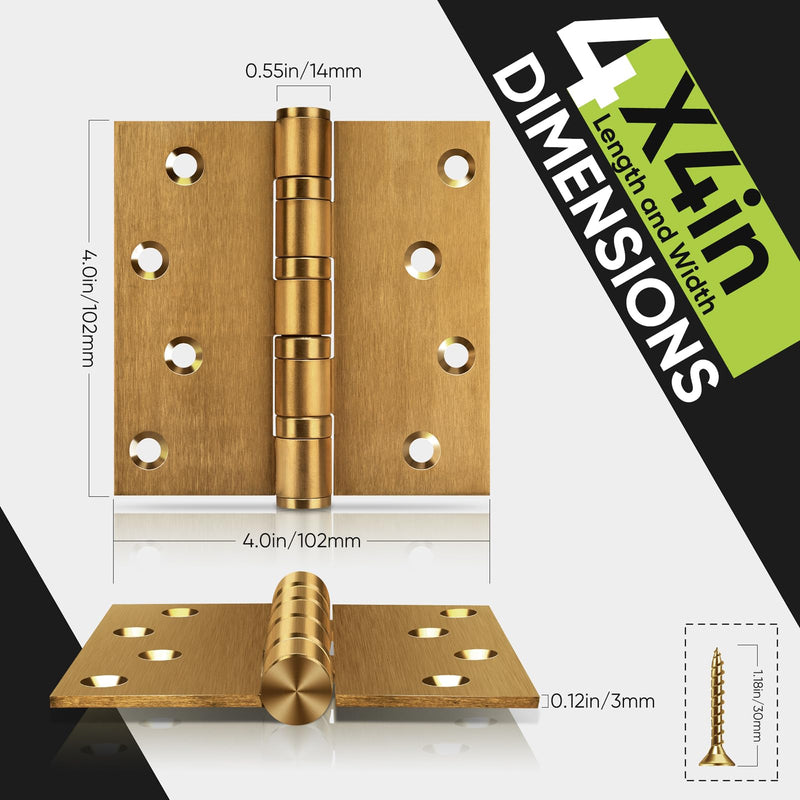 3 Pack Ball Bearing Door Hinges,4in x 4in Door Hinges,Heavy Duty Stainless Steel Door Hinges for Exterior & Interior Doors,Smooth and Quiet, Non Removable Pin (Brass) Brass 3