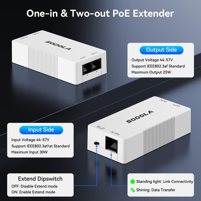 SODOLA 2 Port PoE Extender 100Mbps, POE Repeater 1 to 2 Poe Splitter with IEEE802.3af/at with 100Mbps, 4KV Lighting Protection Plug&Play 48V 30W POE Passthrough Switch for Security Systems IP Camera SL-AFR-21+