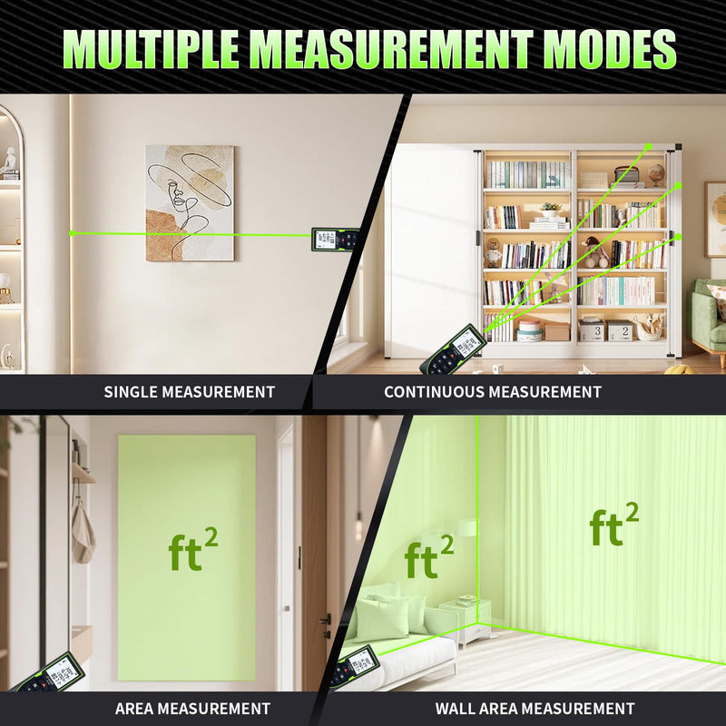 Mini Green Laser Distance Meter 262Ft – Rechargeable Digital Measuring Tool with USB Type-C, Area/Volume Modes, Max/Min, ±3mm Accuracy, Pocket-Sized Compact Design 393FT Laser Meter