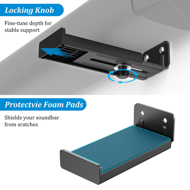 PlusAcc Soundbar Wall Mount, Universal Adjustable Bracket Holder, Black | Holds up to 33 lbs, Sound Bar Mounts Under TV, Depth Adjustable 3.9”–6.7”, Heavy-Duty Home Theater Shelf