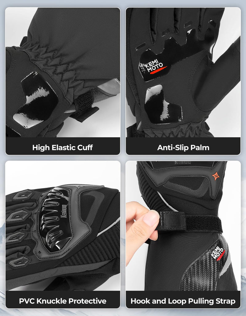 KEMIMOTO Winter Motorcycle Gloves, Rainproof Riding Gloves with Touchscreen, Motorcycle Winter Gloves for Men, Warm Motorcycle Gloves for Riding, ATV, UTV, Snowmobile Black Large